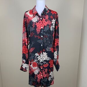 Karen Kane Black Floral Mini Shirt Dress with Red & Cream Blooms